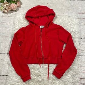 Danielle Guizio Reverse Terry Red Hooded Crop Zip Front Hoodie